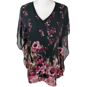 🌸Lotusmile- Black Floral Chiffon Layered Poncho Blouse- Size XXL